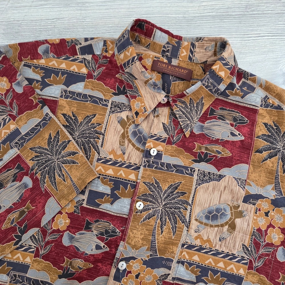 Tori Richard Button Front Shirt Red Patchwork Turtle Palm Mens 2XL Made Hawaii